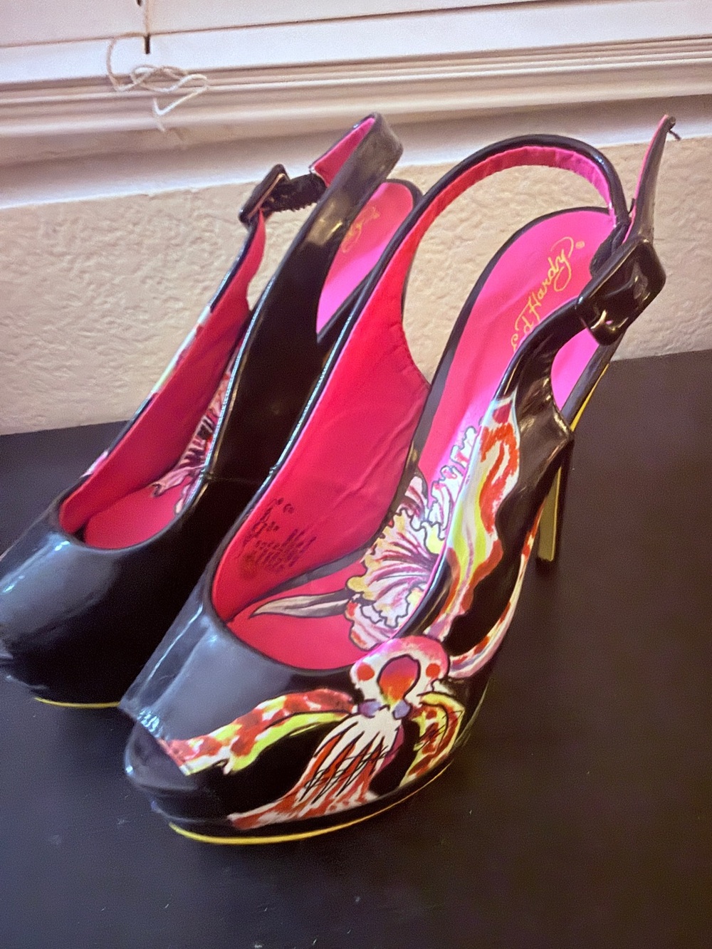 Vintage Ed Hardy Black Punk Floral Orchid Slingback Open Toe Pump